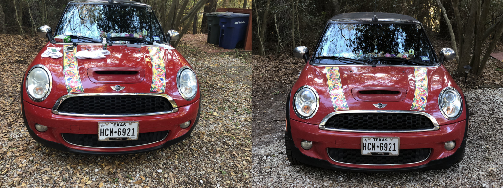 Before and after using the Headlight Lens Restorer kit